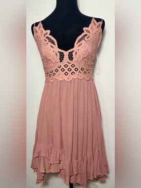 Free People FP ONE Adella Mini Dress Dusty Rose Mauve Lace Crochet Strap